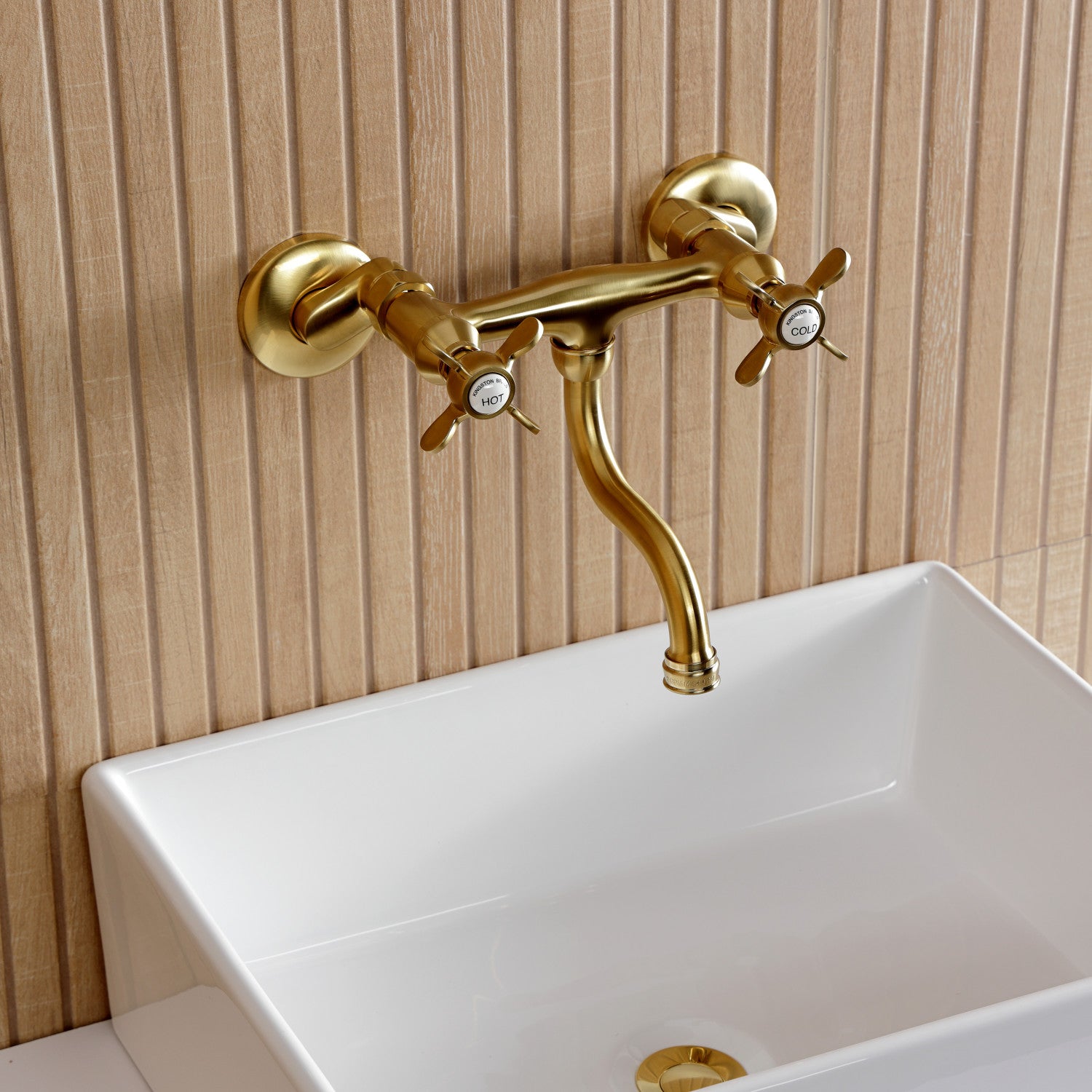 Kingston Heirloom KS2117BEX - Essex Double-Handle 2-Hole Wall Mount Bathroom Faucet, Brushed Brass — thumbnail 2